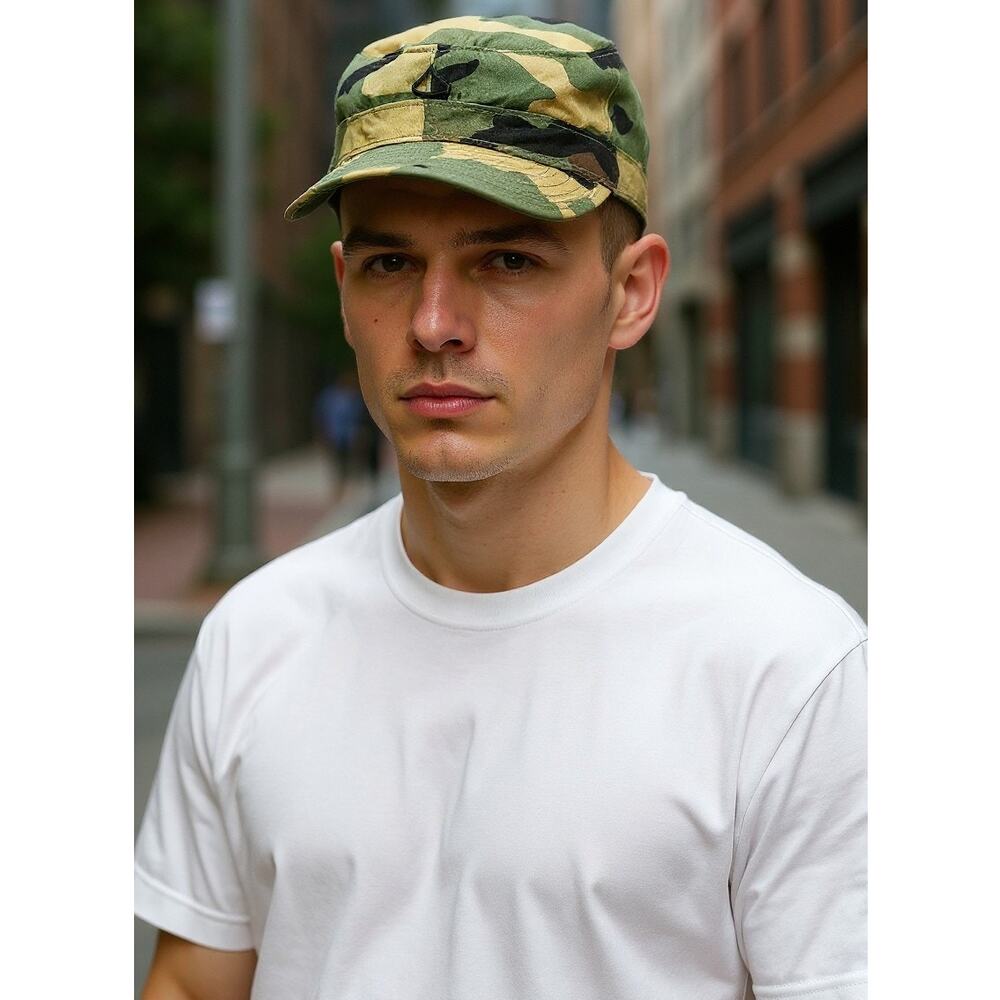 Military Issue Woodland Camo Fitted Cadet Cap Ear Flaps Sz 6 3/8 Chevron Pin PFC